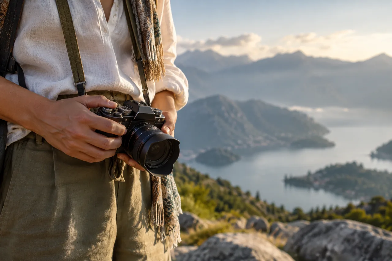 Traveler holding a camera with a softly blurred landscape behind — AI-generated illustration