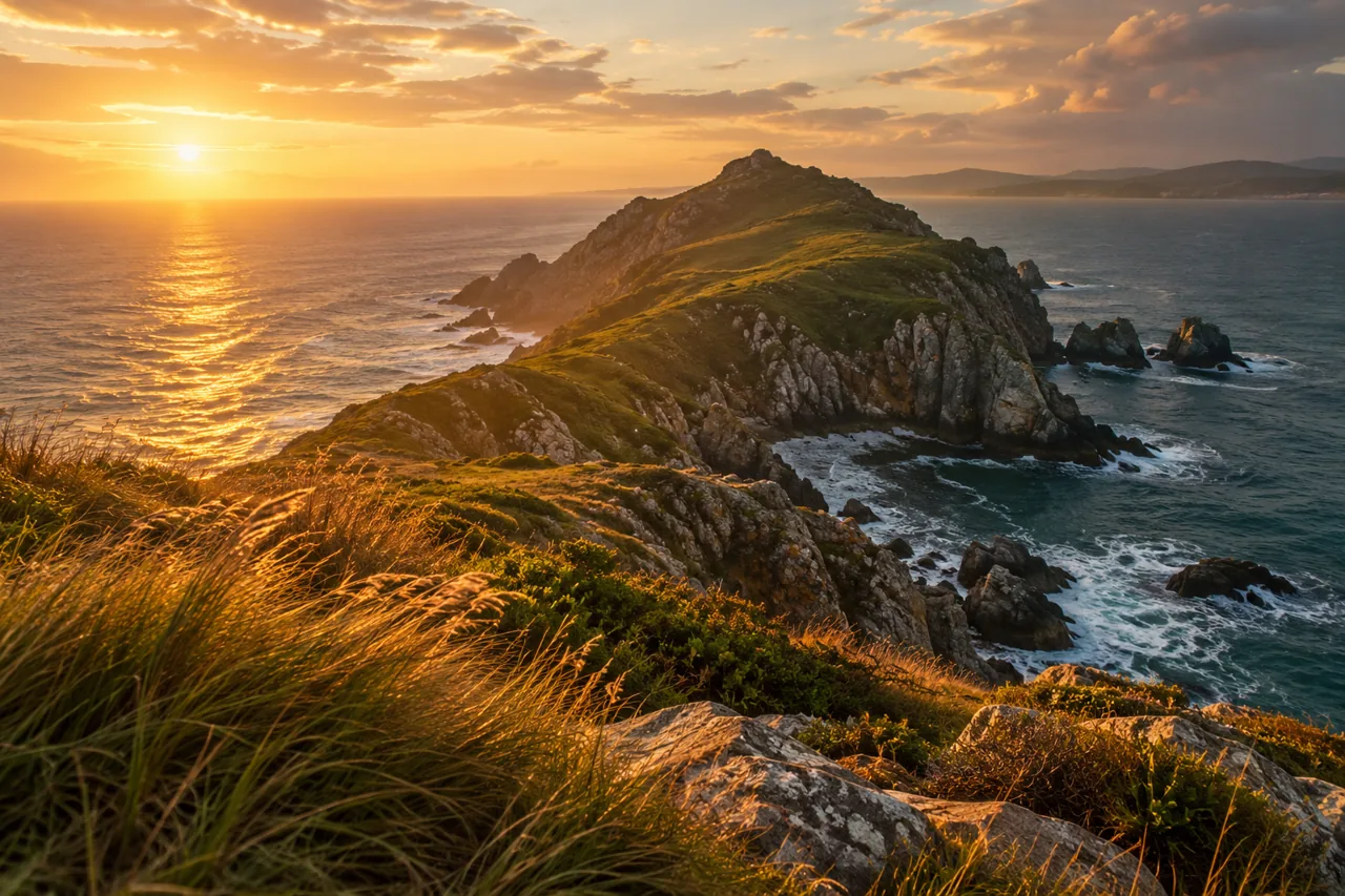 Warm evening light falling across a coastal headland — AI-generated illustration