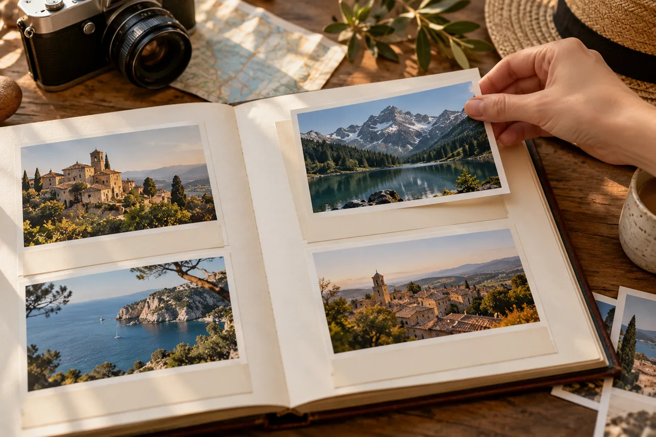 Hand placing a landscape print in an open photo album — AI-generated illustration