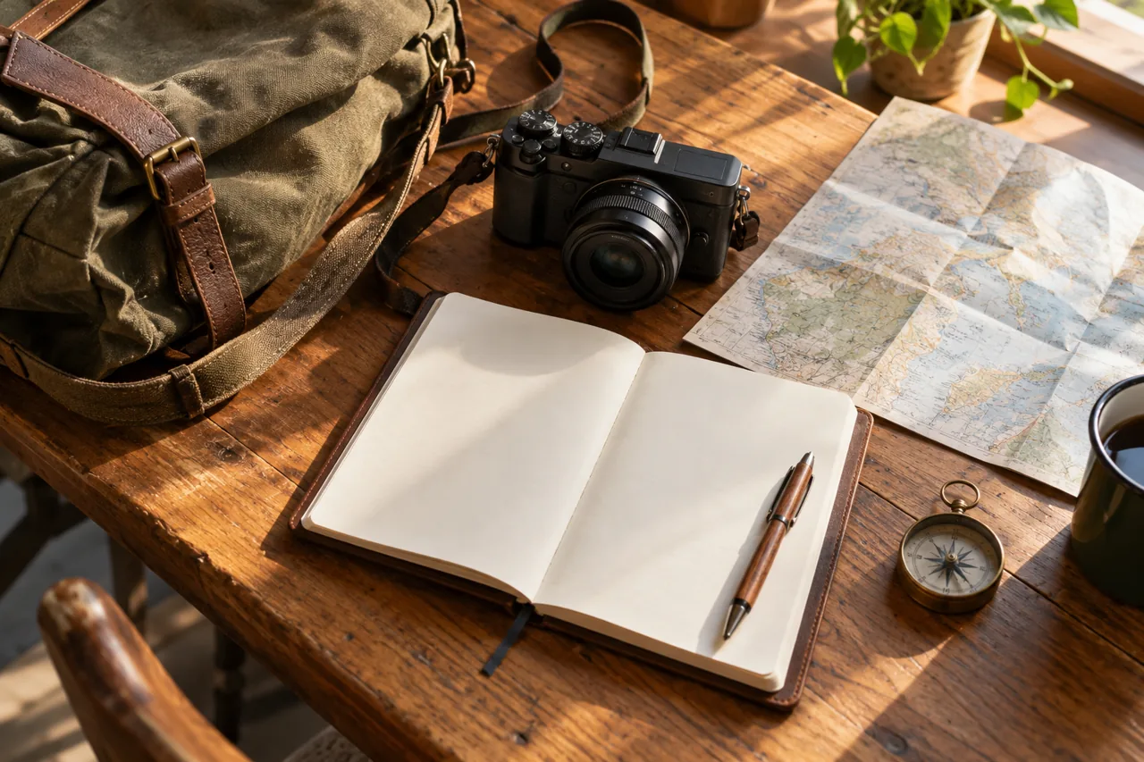 Camera, blank notebook, compass, paper map, and canvas bag on a table — AI-generated illustration