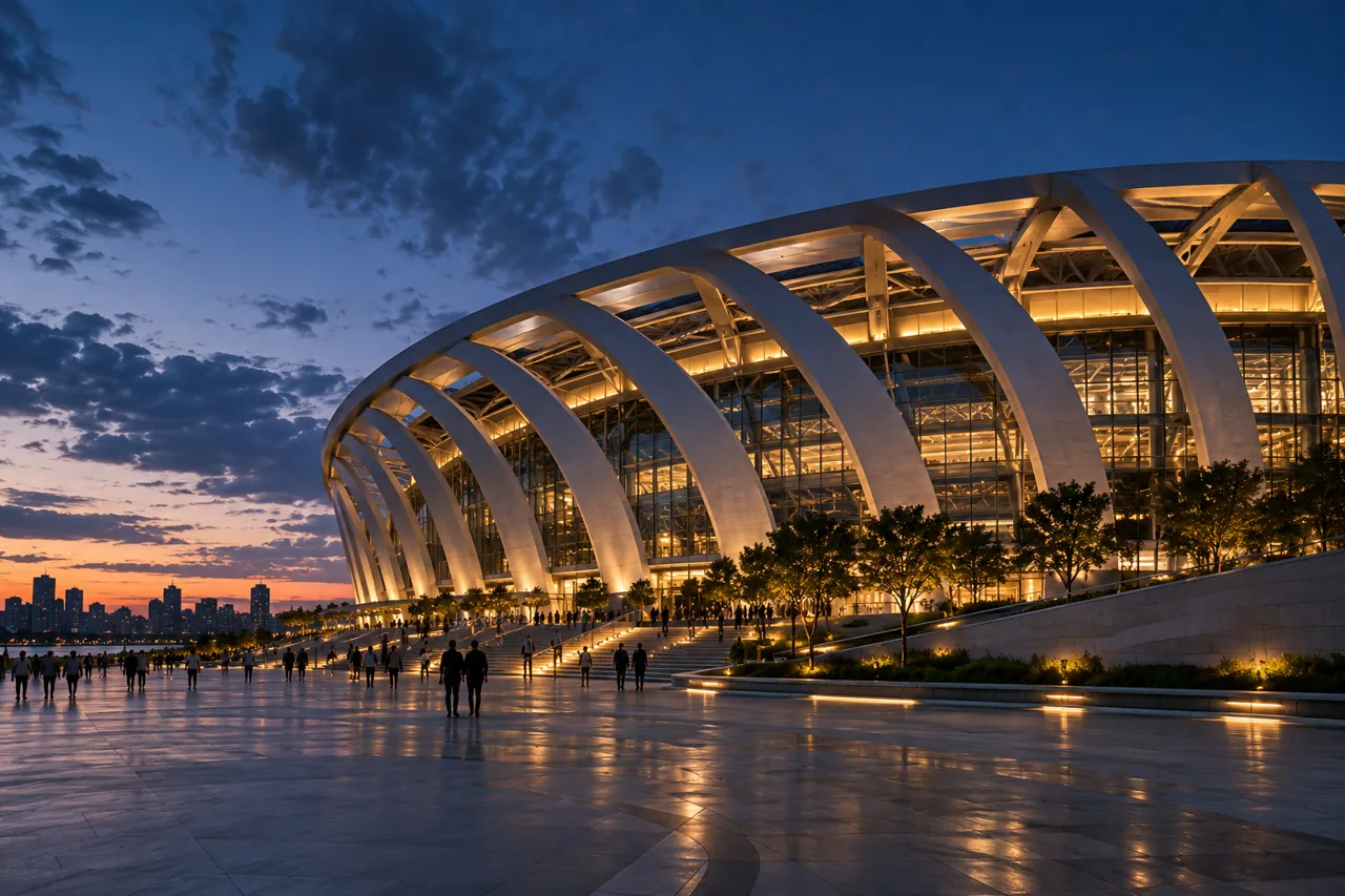 Fictional contemporary stadium with repeated curved supports — AI-generated illustration